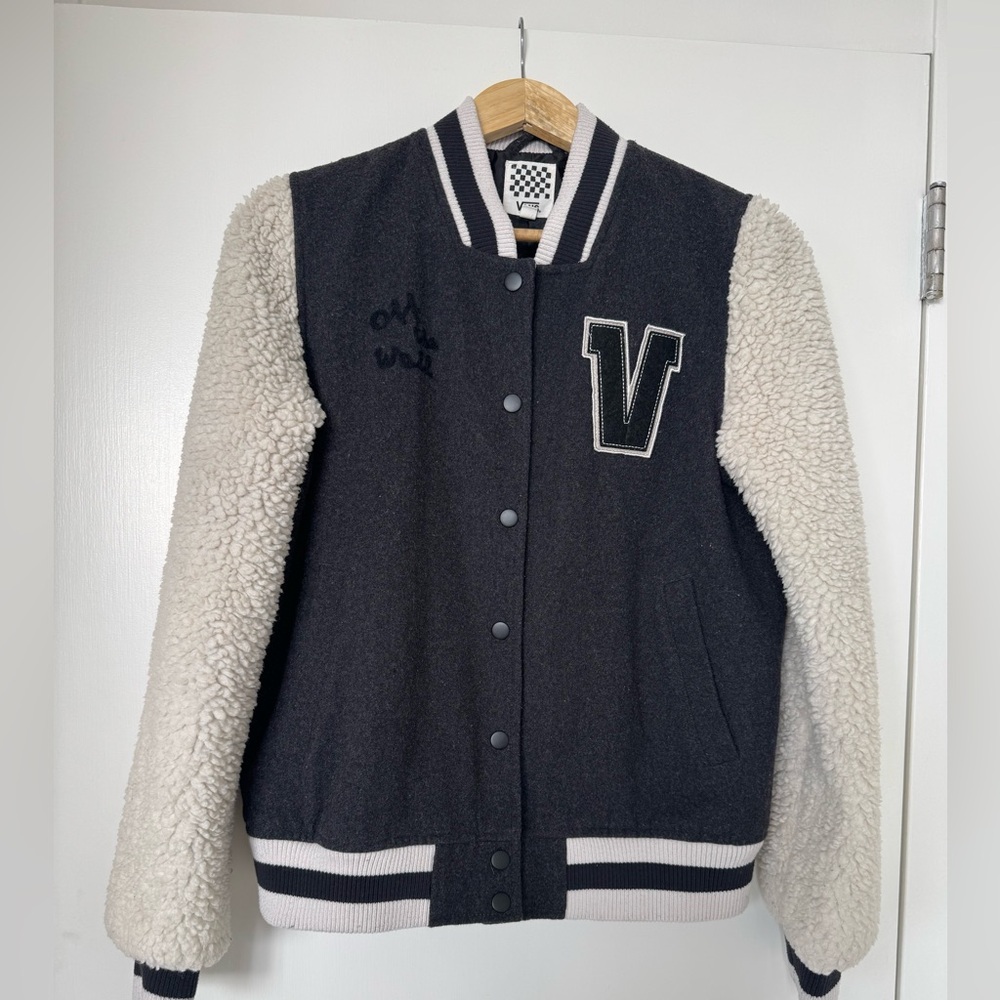 Vans Black and Cream Varsity Jacket with Sherpa Sleeves